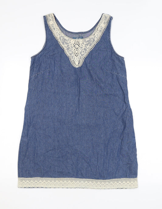 Additional front view of Evie women’s blue cotton a-line, size UK 12, scoop neck pullover - lace