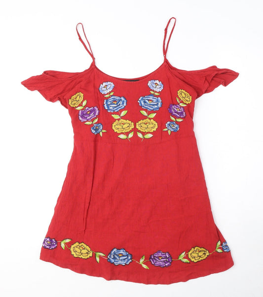 Forever 21 Womens Red Polyester Mini Size S Round Neck Pullover - Embroided flowers, Shoulder cut out