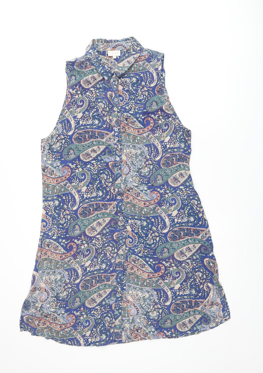 East Womens Blue Paisley Viscose Shirt Dress Size 10 Collared Button