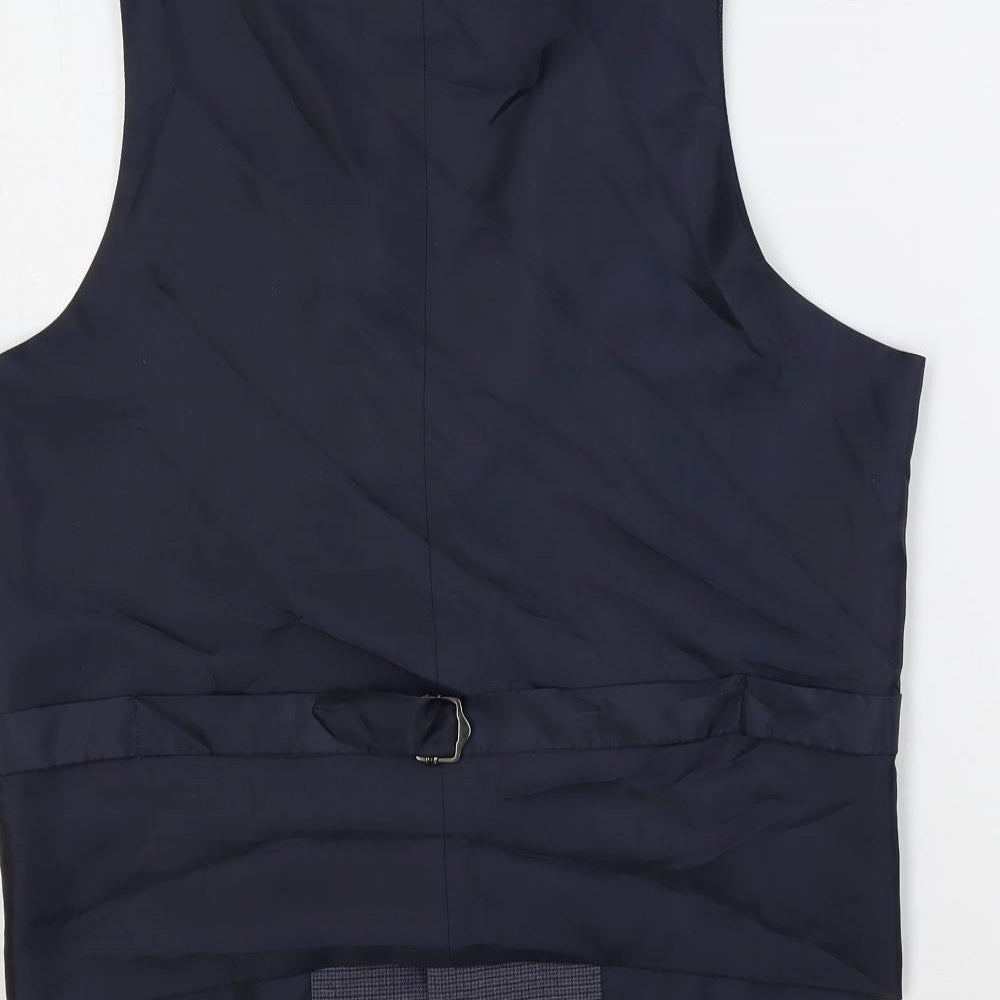 Brand and care label for ASOS men’s blue polyester jacket suit waistcoat, size 40, regular