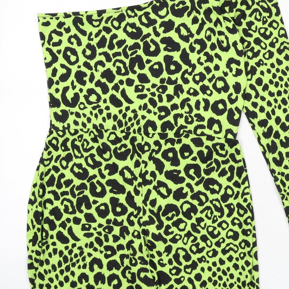I SAW IT FIRST Womens Green Animal Print Polyester Romper One-Piece Size 10 L6 in Pullover - Leopard Print