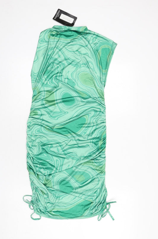 PRETTYLITTLETHING Womens Green Geometric Polyester Bodycon Size 10 Round Neck Pullover - Ruched Sides