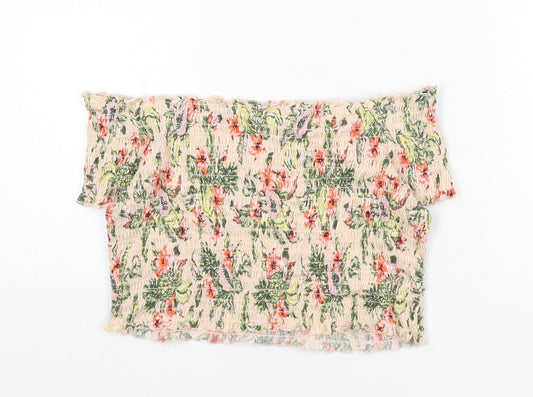 Divided by H&M Womens Pink Floral Cotton Cropped T-Shirt Size L Off the Shoulder - Shirred