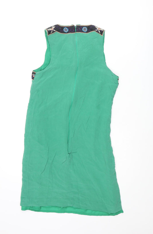 French Connection Womens Green Silk Shift Size 8 Scoop Neck Zip - Embroidered