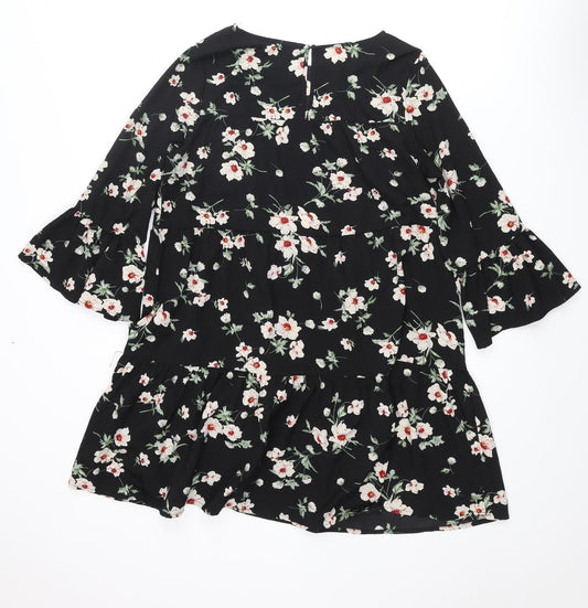 New Look Womens Black Floral Polyester A-Line Size 10 Round Neck Button - Smocked Frill