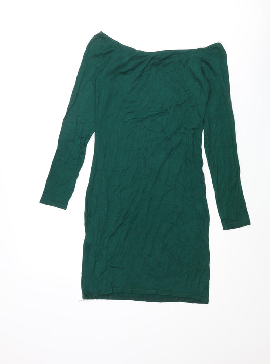 PRETTYLITTLETHING Womens Green Viscose Mini Size 10 Off the Shoulder Pullover