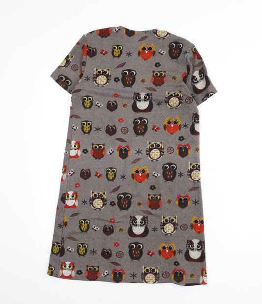 Izabel London Womens Brown Geometric Polyester A-Line Size 8 Scoop Neck Pullover - Owls