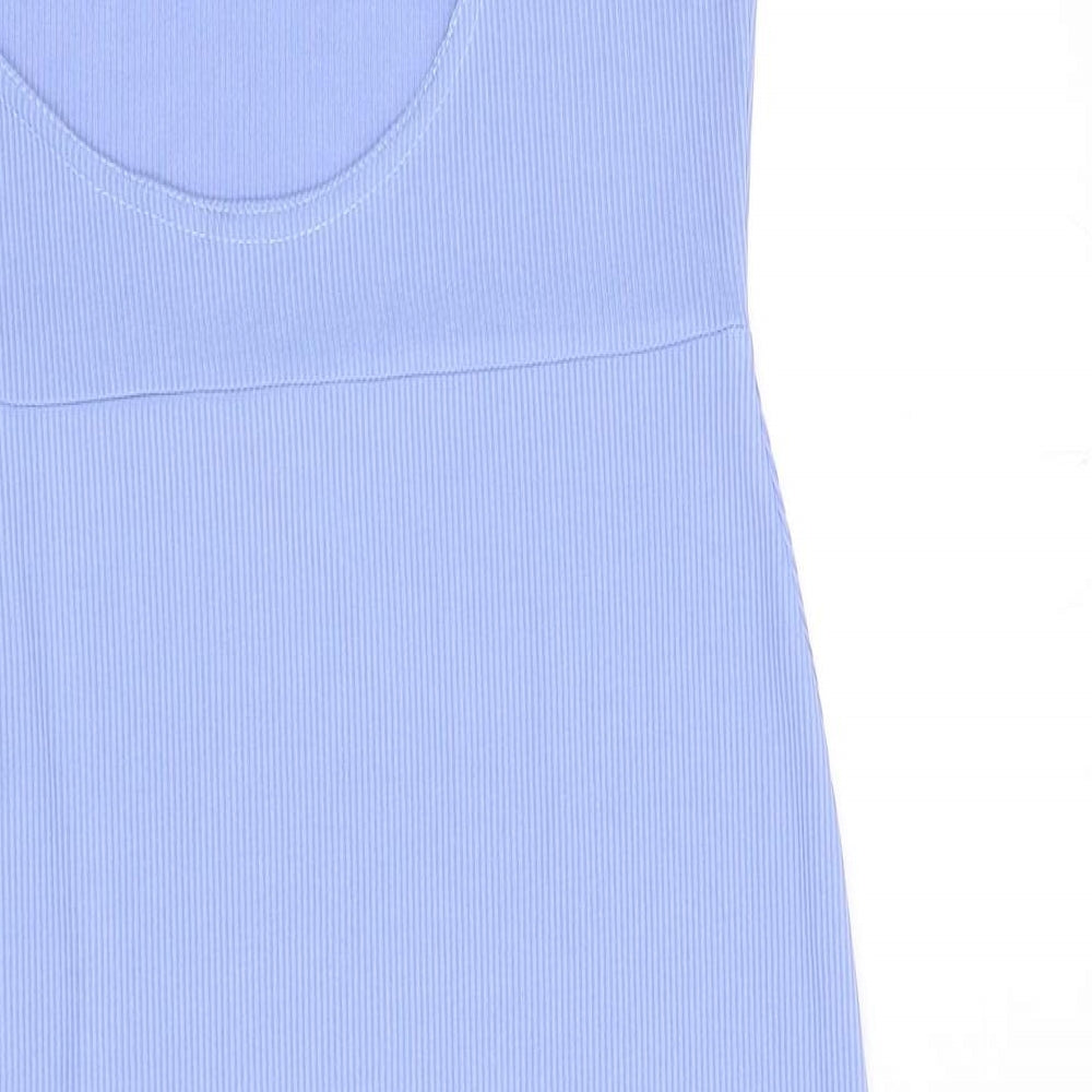 PRETTYLITTLETHING Womens Blue Polyester Bodycon Size 10 One Shoulder Pullover - Cut Out Back Detail, Ribbed