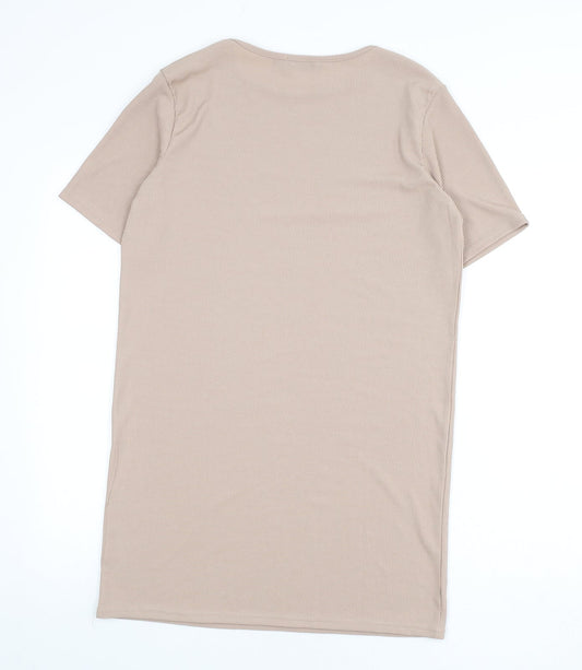 PRETTYLITTLETHING Womens Beige Polyester T-Shirt Dress Size 10 Round Neck Pullover - Ribbed