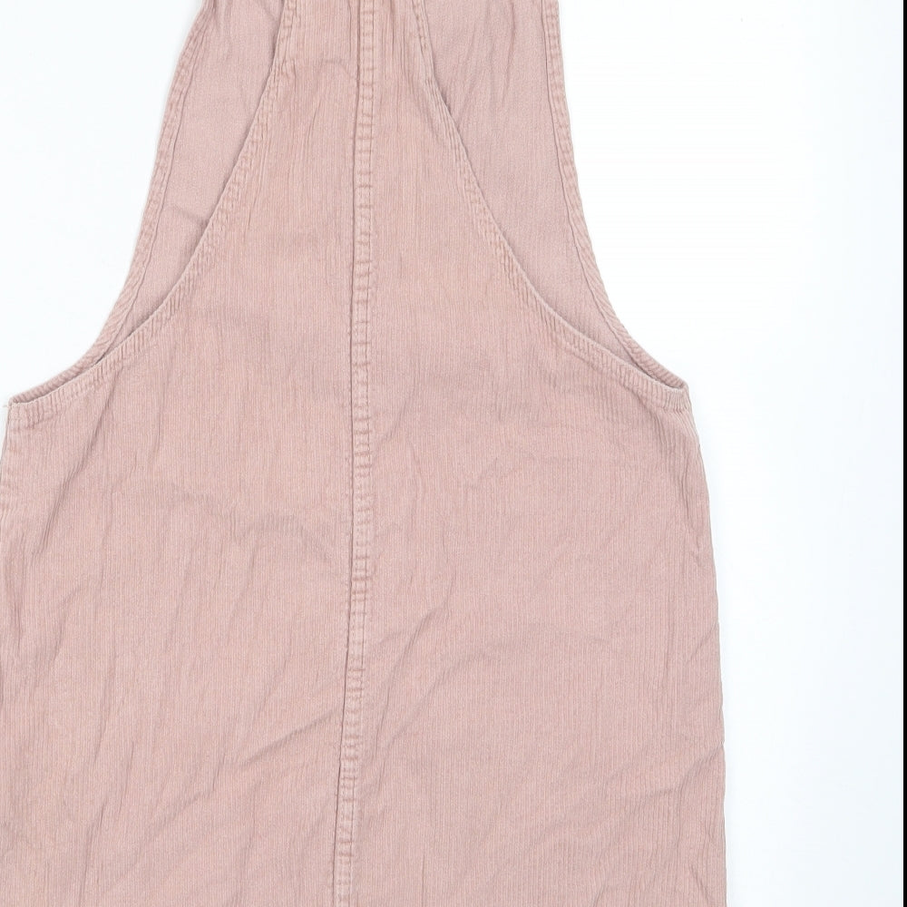 Denim & Co. Womens Pink Cotton Pinafore/Dungaree Dress Size 12 Square Neck Button - Pockets