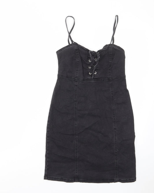 Additional front view of Denim & Co. women’s black cotton a-line, size UK 8, sweetheart zip - tie front