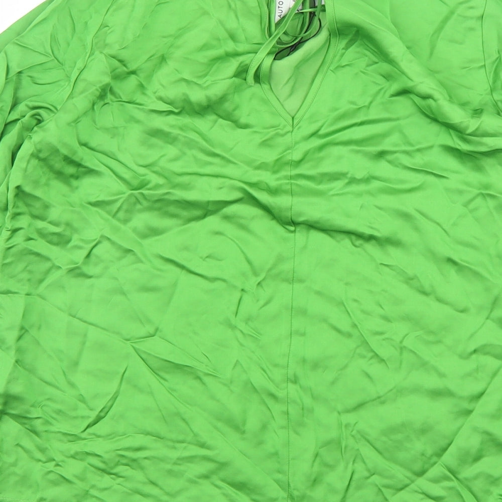 Brand and care label for Autograph women’s green viscose basic blouse, size UK 8, round neck