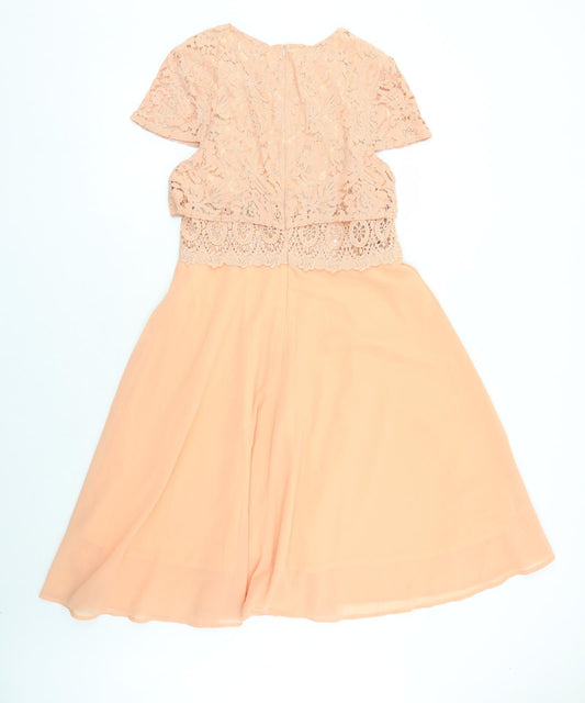 Boohoo Womens Orange Polyester Fit & Flare Size 14 Round Neck Zip - Crochet Detail