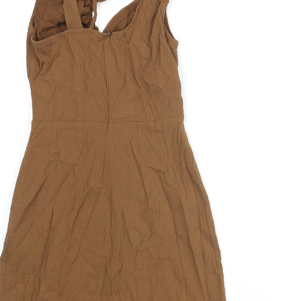 Pull&Bear Womens Brown Polyester Mini Size S V-Neck Zip - Rouched Cut Out