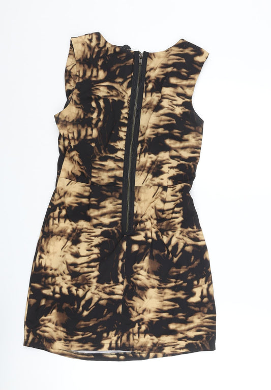 AX Paris Womens Beige Geometric Polyester Mini Size 10 Round Neck Zip - Pleated