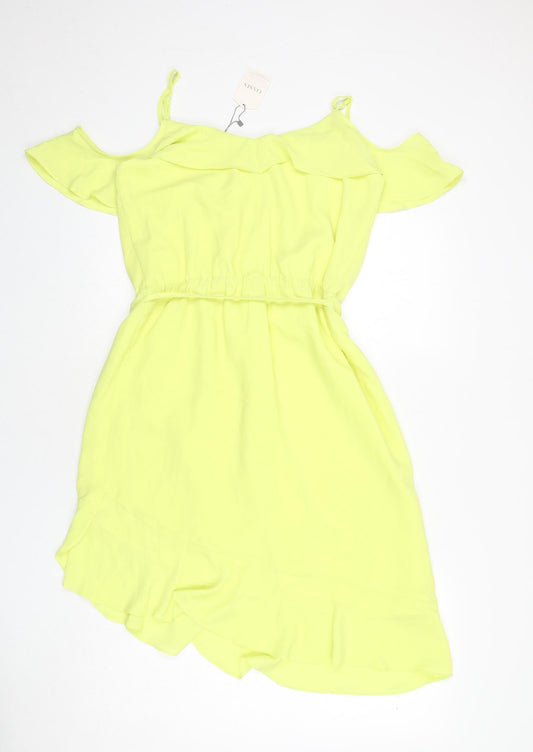 Oasis Womens Yellow Polyester A-Line Size 12 Scoop Neck Pullover - Asymmetric, Ruffles
