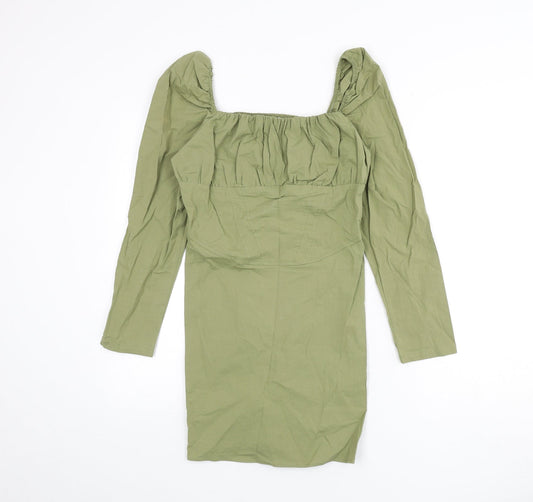 Bershka Womens Green Cotton Bodycon Size M Square Neck Zip - Shirred Back