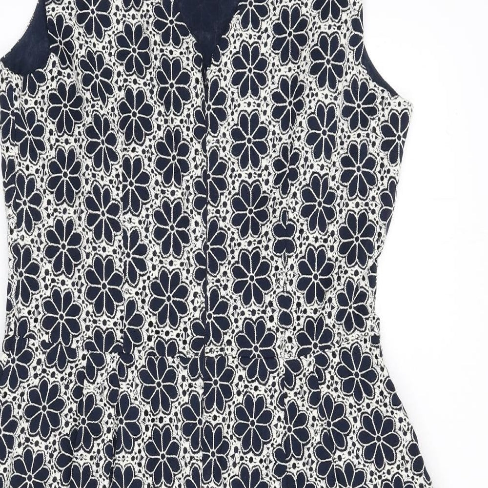 Monsoon Womens Blue Floral Cotton A-Line Size 12 Round Neck Zip