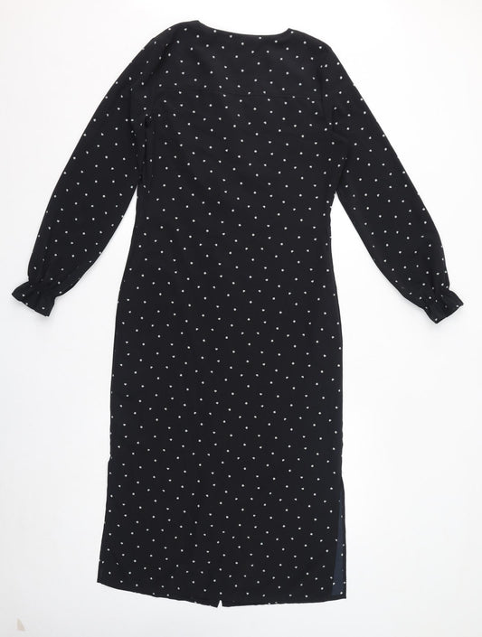 NEXT Womens Black Geometric Polyester Shirt Dress Size 8 V-Neck Button - Spades, Ruffles