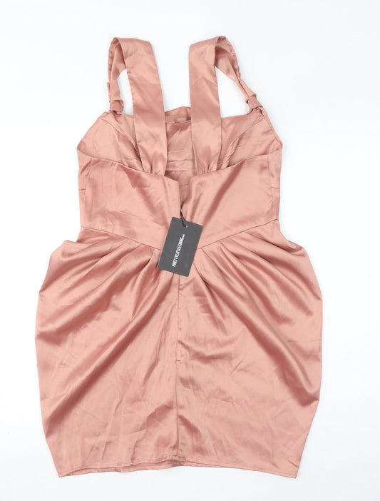 PRETTYLITTLETHING Womens Pink Polyester Pencil Dress Size 14 Square Neck Zip