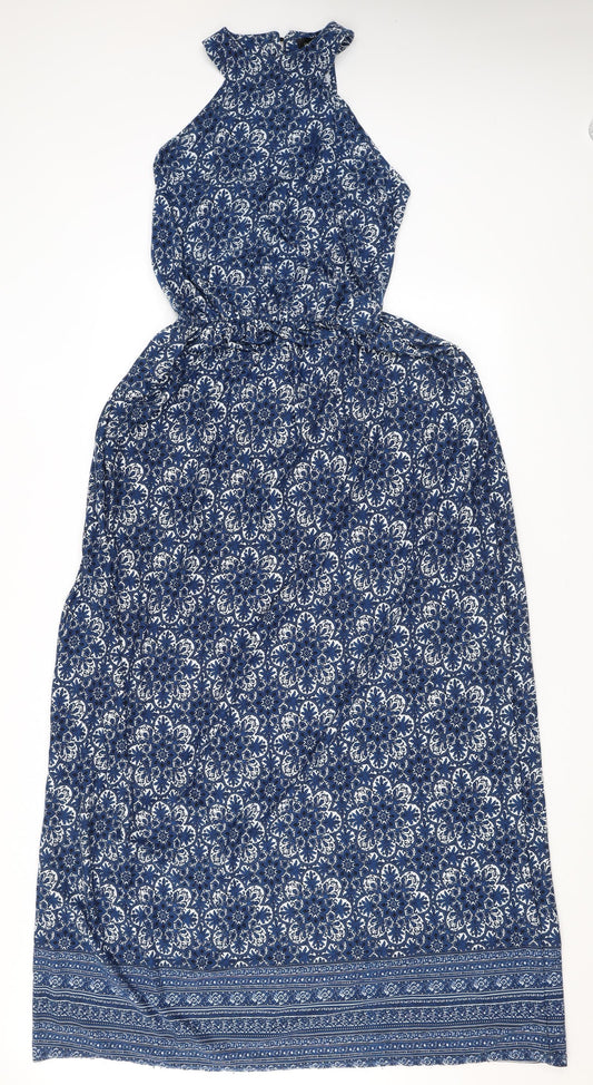 Additional front view of Club L women’s blue geometric viscose maxi, size UK 14, halter button