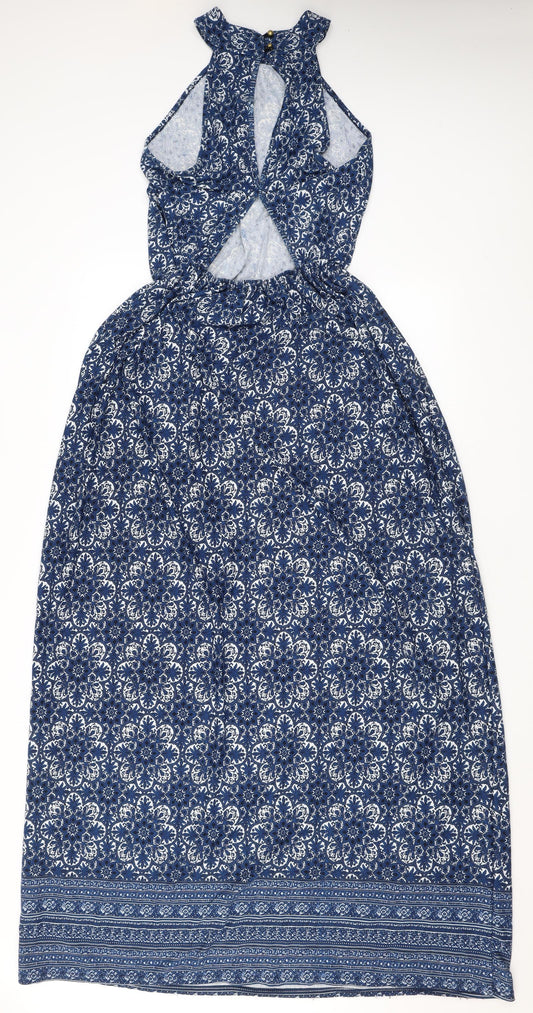 Club L Womens Blue Geometric Viscose Maxi Size 14 Halter Button