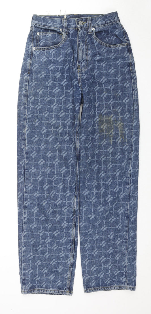 Additional front view of BDG women’s blue geometric cotton boyfriend jeans, size UK 27, in, 31-inch leg regular zip