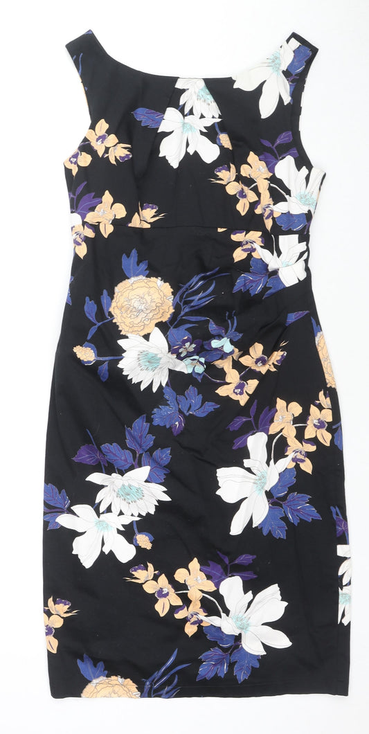 Dorothy Perkins Womens Black Floral Cotton A-Line Size 10 Boat Neck Zip