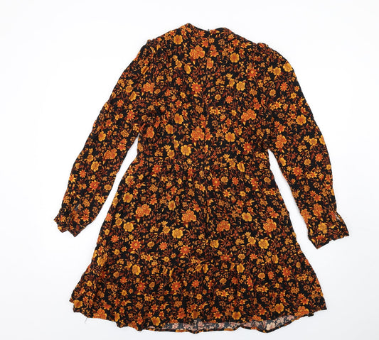 Warehouse Womens Black Floral Viscose A-Line Size 12 Mock Neck Zip