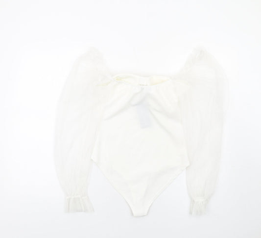 I SAW IT FIRST Womens White Polyester Bodysuit One-Piece Size S Hook & Eye - Milk Maid Mesh Sleeves