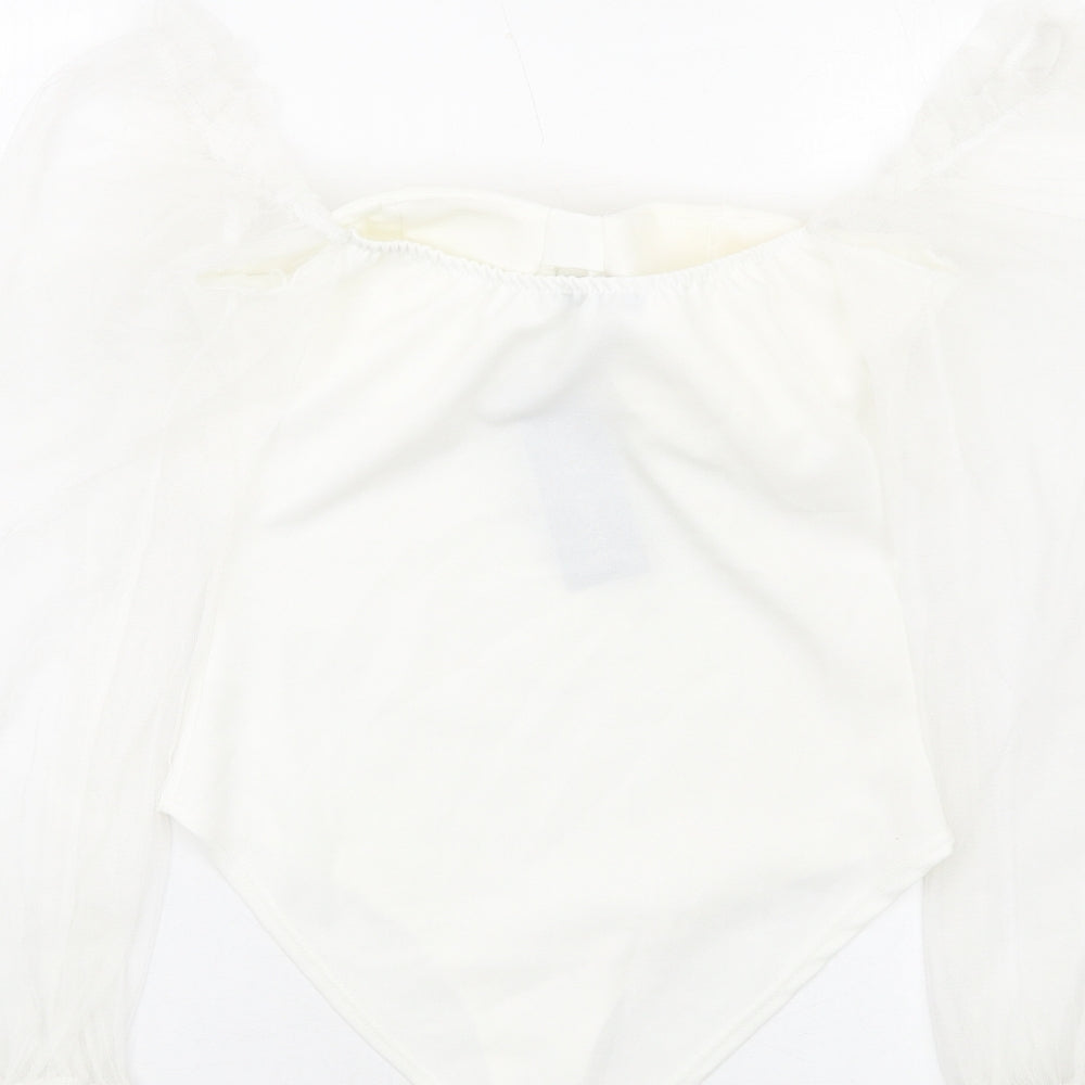 I SAW IT FIRST Womens White Polyester Bodysuit One-Piece Size S Hook & Eye - Milk Maid Mesh Sleeves