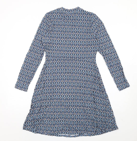 Marks and Spencer Womens Blue Geometric Viscose A-Line Size 10 Round Neck Pullover