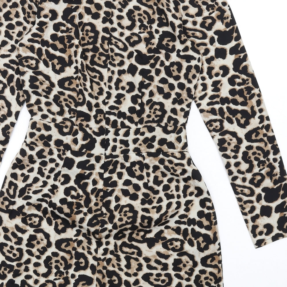 Boohoo Womens Brown Animal Print Polyester Playsuit One-Piece Size 6 Zip - Leopard Print Cold Shoulder