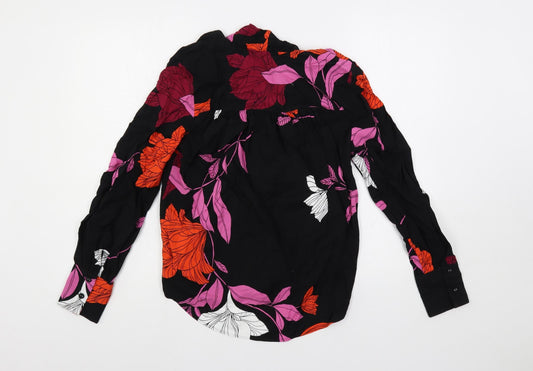 Autograph Womens Black Floral Viscose Basic Button-Up Size 8 V-Neck - Tie Neck