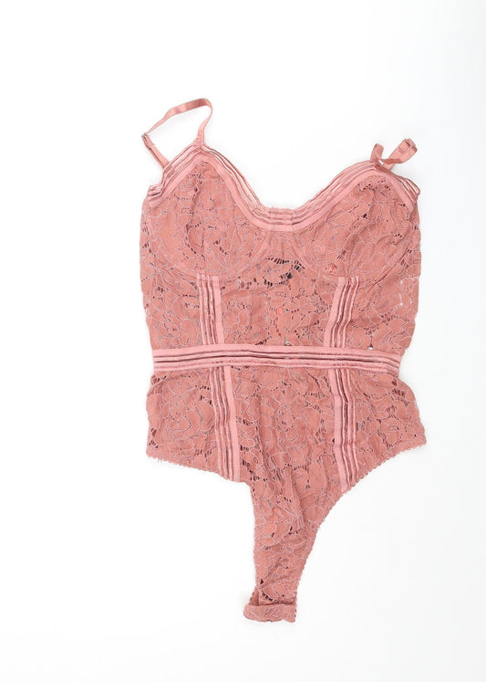 Additional front view of Missguided women’s pink nylon bodysuit one-piece, size UK 6, zip