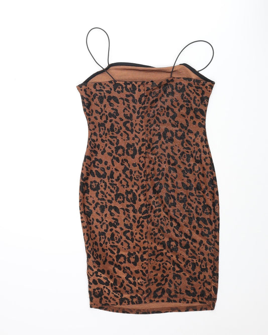New Look Womens Brown Animal Print Polyester Mini Size 10 Square Neck Pullover - Leopard Print Glitter