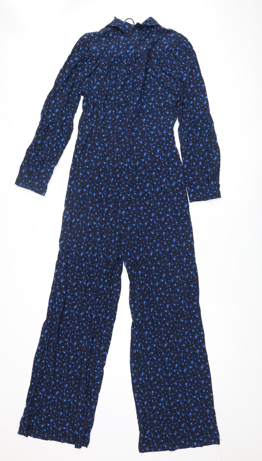 Marks and Spencer Womens Blue Geometric Viscose Jumpsuit One-Piece Size 6 L29 in Zip - Star Print Bow Keyhole