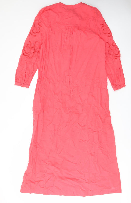 Marks and Spencer Womens Pink Cotton A-Line Size 6 Crew Neck Button - Embroided