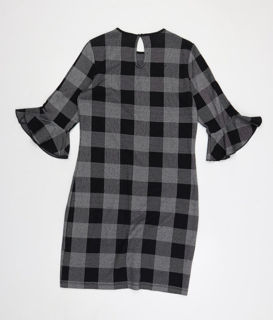 Marks and Spencer Womens Black Check Cotton Shift Size 10 Round Neck Button - Ruffle Sleeves