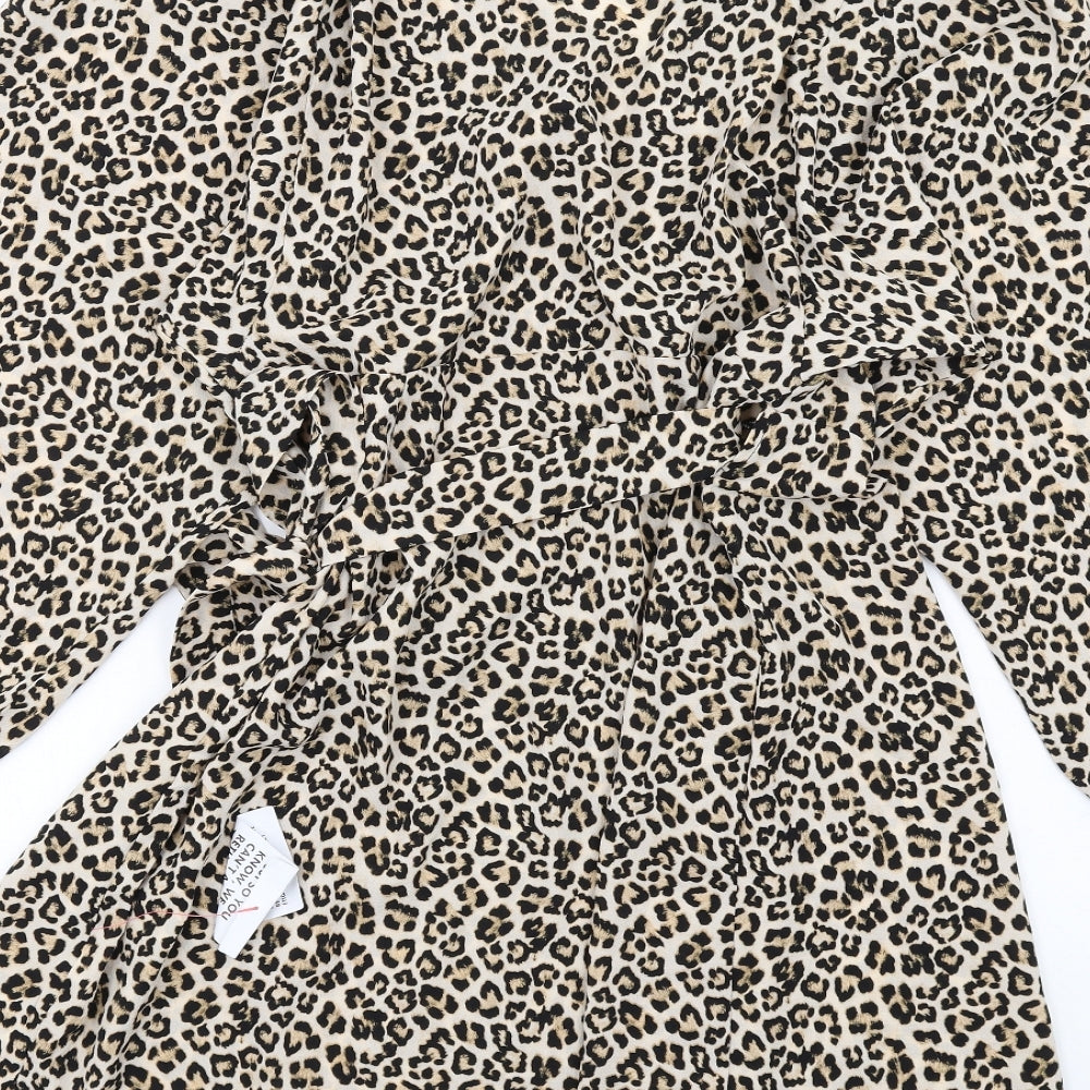 Brand and care label for ASOS women’s brown animal print polyester wrap dress, size UK 16, v-neck tie - leopard print