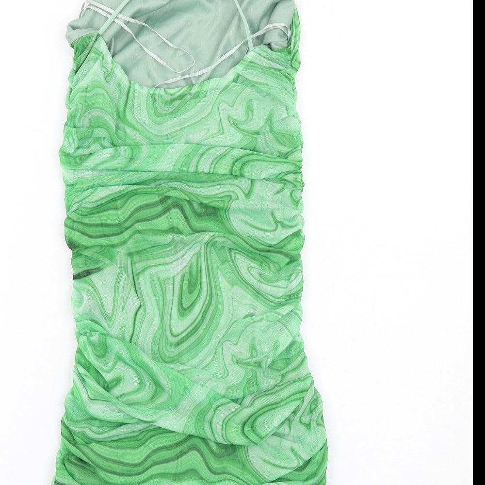 Quiz Womens Green Geometric Polyester Mini Size 10 Square Neck Pullover - Ruched