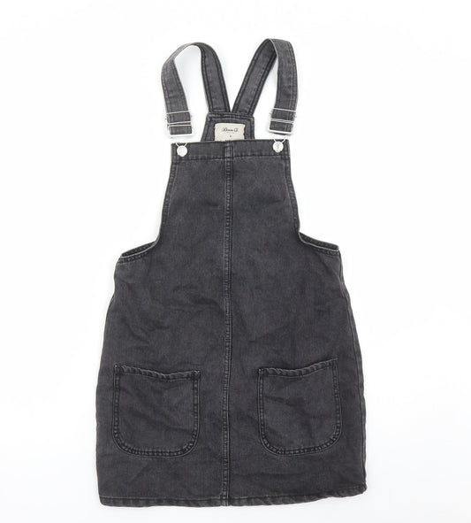 Additional front view of Denim & Co. women’s black cotton pinafore/dungaree dress, size UK 6, square neck button