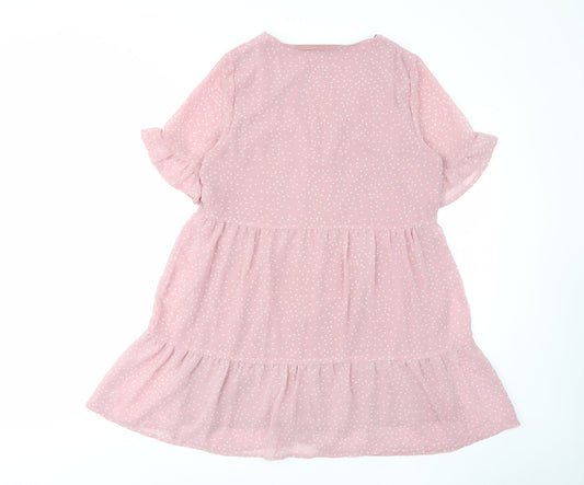 In the Style Womens Pink Polka Dot Polyester A-Line Size 10 V-Neck Button - Pleated, Lined