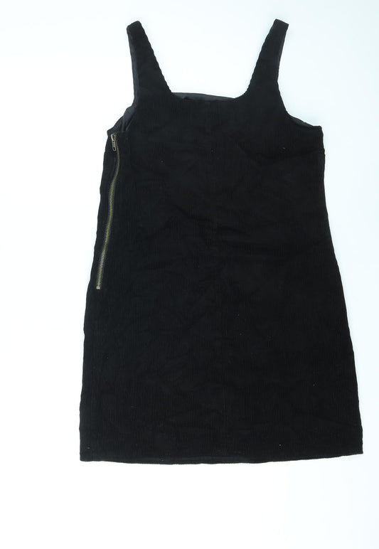 New Look Womens Black Cotton Pinafore/Dungaree Dress Size 8 Square Neck Zip - Pinafore
