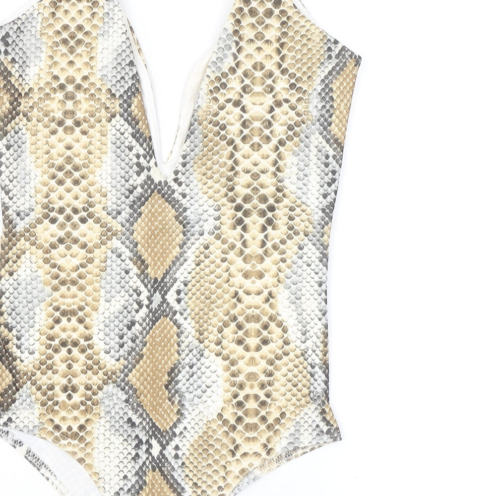 PRETTYLITTLETHING Womens Brown Animal Print Polyester Bodysuit One-Piece Size 8 L10 in Snap - Snake Skin Print