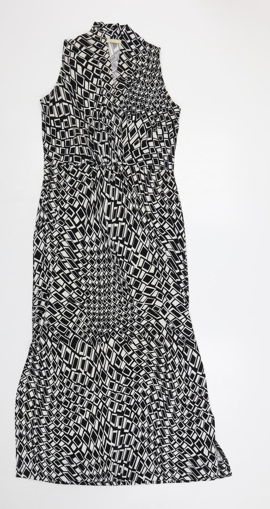 QED London Womens Black Geometric Polyester Maxi Size S V-Neck Pullover