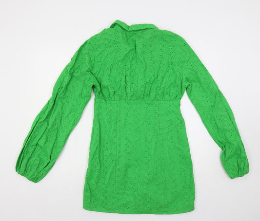 PRETTYLITTLETHING Womens Green Cotton Mini Size 10 Collared Zip - Broderie Anglaise