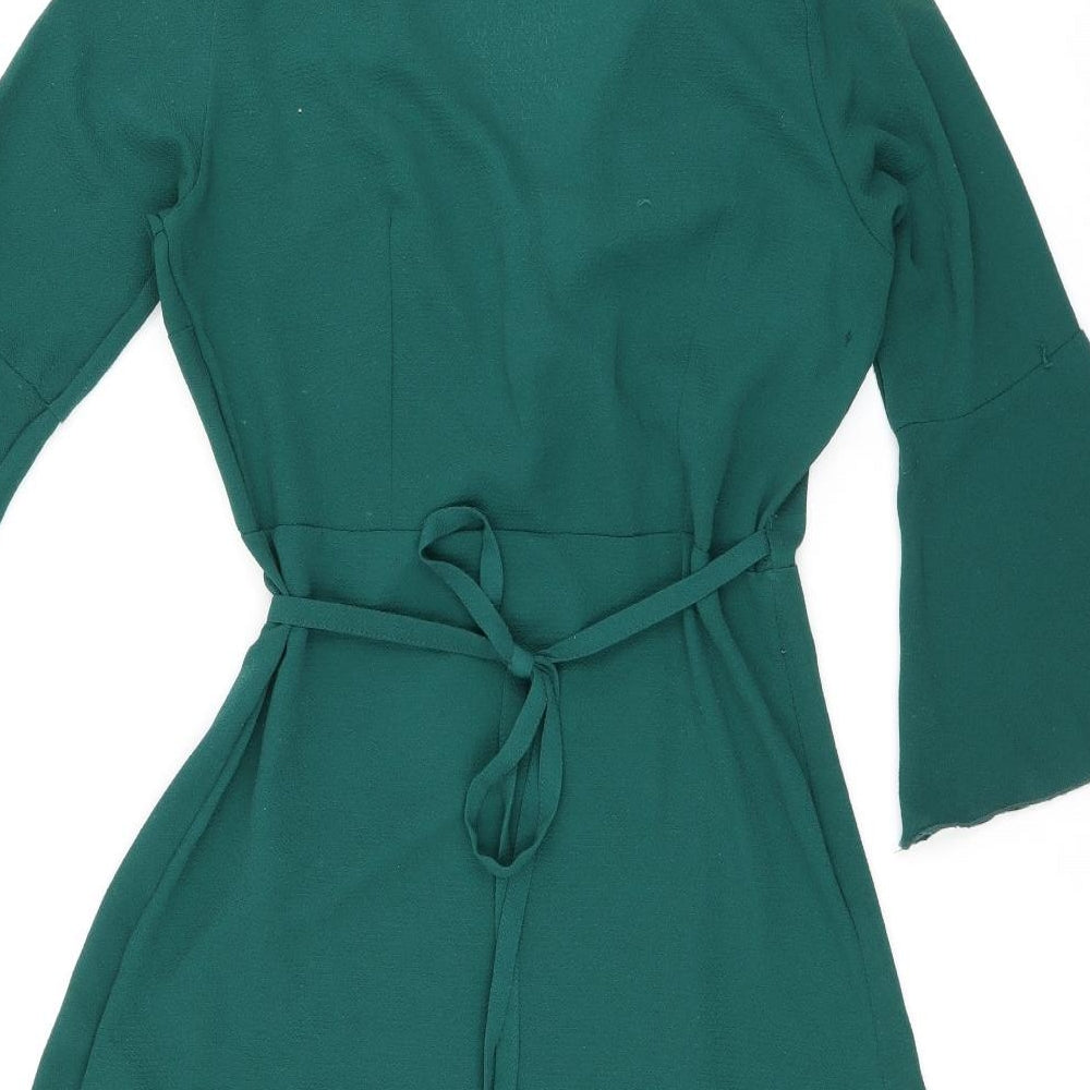 Outrageous Womens Green Polyester Wrap Dress Size 10 V-Neck Tie