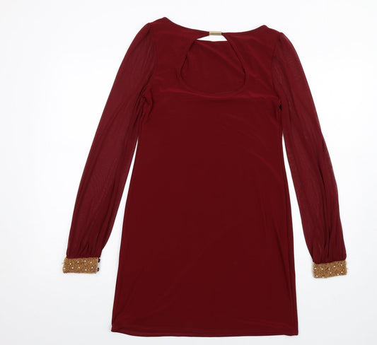 Apricot Womens Red Polyester A-Line Size 8 Round Neck Pullover - Beaded Cuffs Mesh Sleeves
