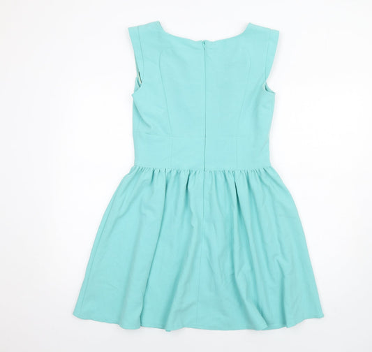 Miss Selfridge Womens Blue Polyester Fit & Flare Size 12 Boat Neck Zip